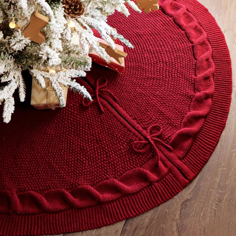 LimBridge 48 Inch Christmas Tree Skirt: Cable Knit Tree Skirt for 7.5FT Tree, Wine Red Tree Skirt, Vintage Tree Skirts, Rustic Farmhouse Christmas Decorations - Image 5
